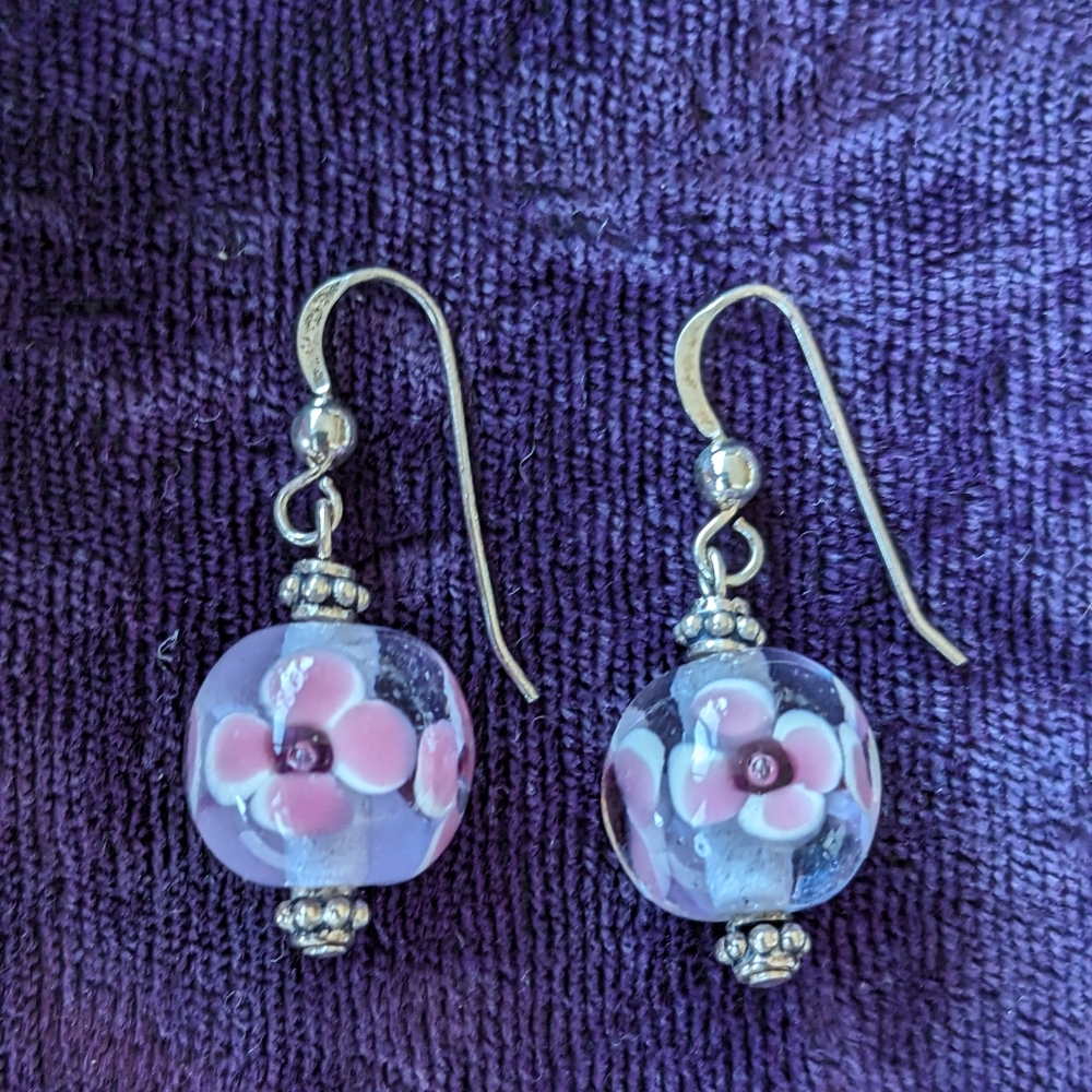 Vintage 925 Sterling Silver Drop Earrings With Pink / Lilac Murano Glass